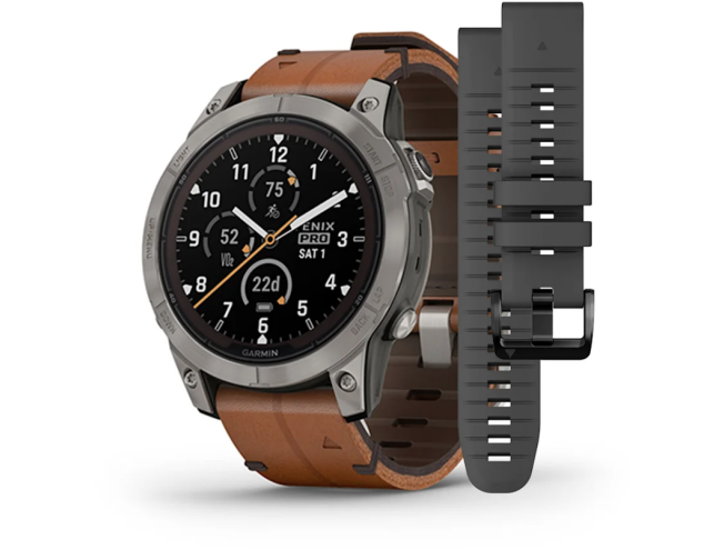 Spordikell Garmin fenix 7 PRO Sapphire Solar - Titanium with Chestnut Leather Band Sapphire - Titanium Brown Leather