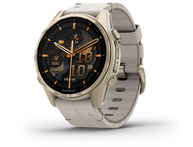 Spordikell Garmin fenix 8 43mm AMOLED Sapphire Soft Gold Stainless Steel with Fog Gray Leather Band Sapphire Soft Gold with Fog Gray Leather Band